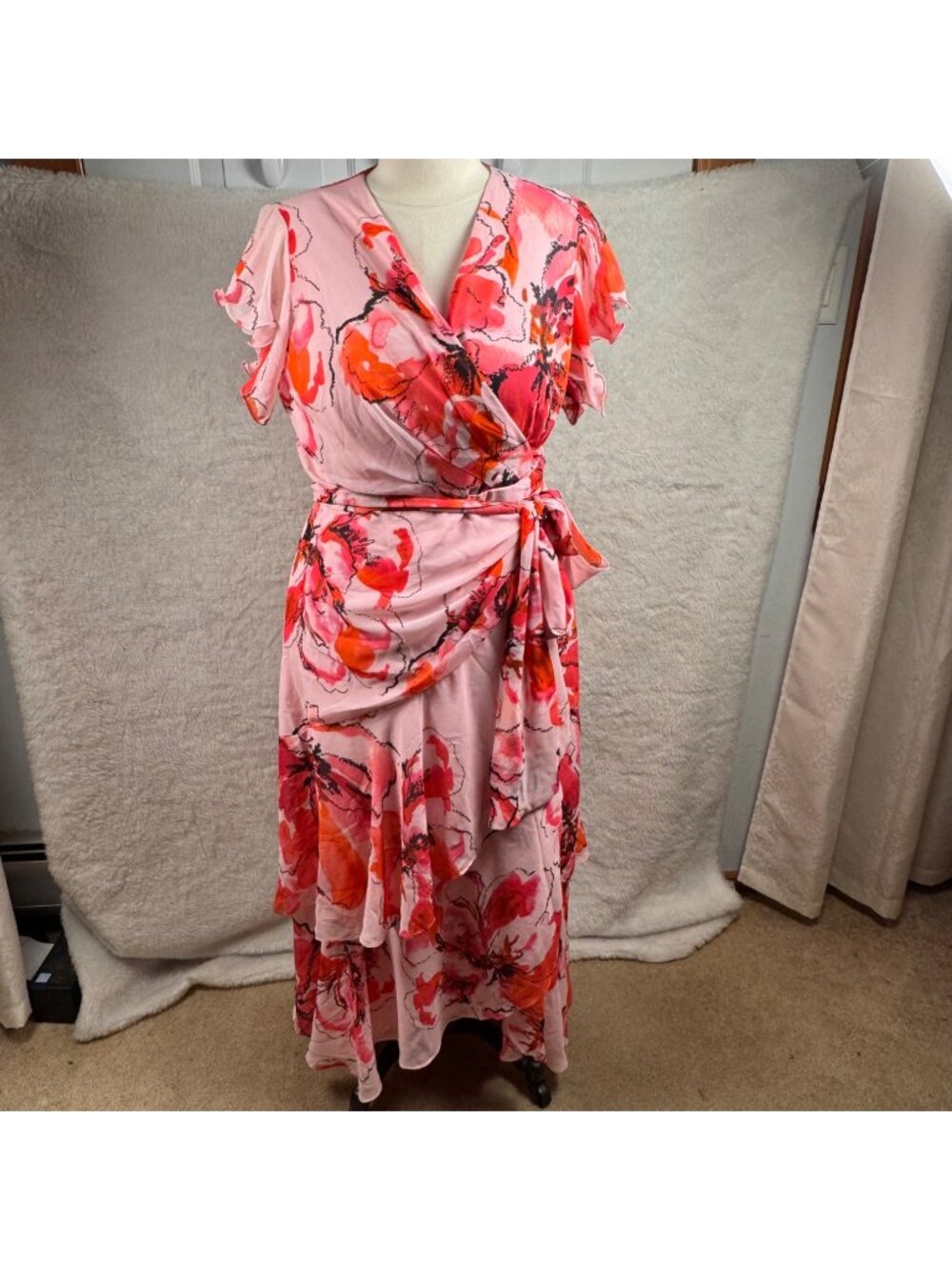Hutch plus size 1X cezza Pink Floral Wrap Maxi Dress Ruffle Sleeves & Tie Waist